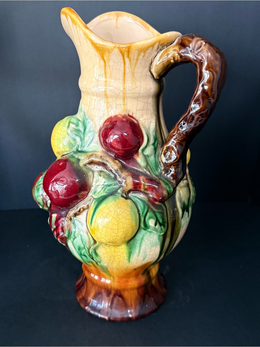 Vintage BARBOTINE Majolica Large Ceramic Vase Pitcher 3D Lemon & Apple  13" MCM